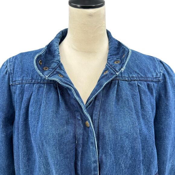 Vintage 80's Dawn Dark Wash Denim Flannel Lined Pleated Boxy Puff Jean Jacket - Picture 4 of 16